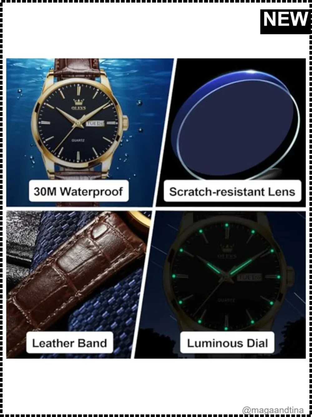 Men's Leather Stainless Steel Watch Day Date Waterproof Luminous Quartz